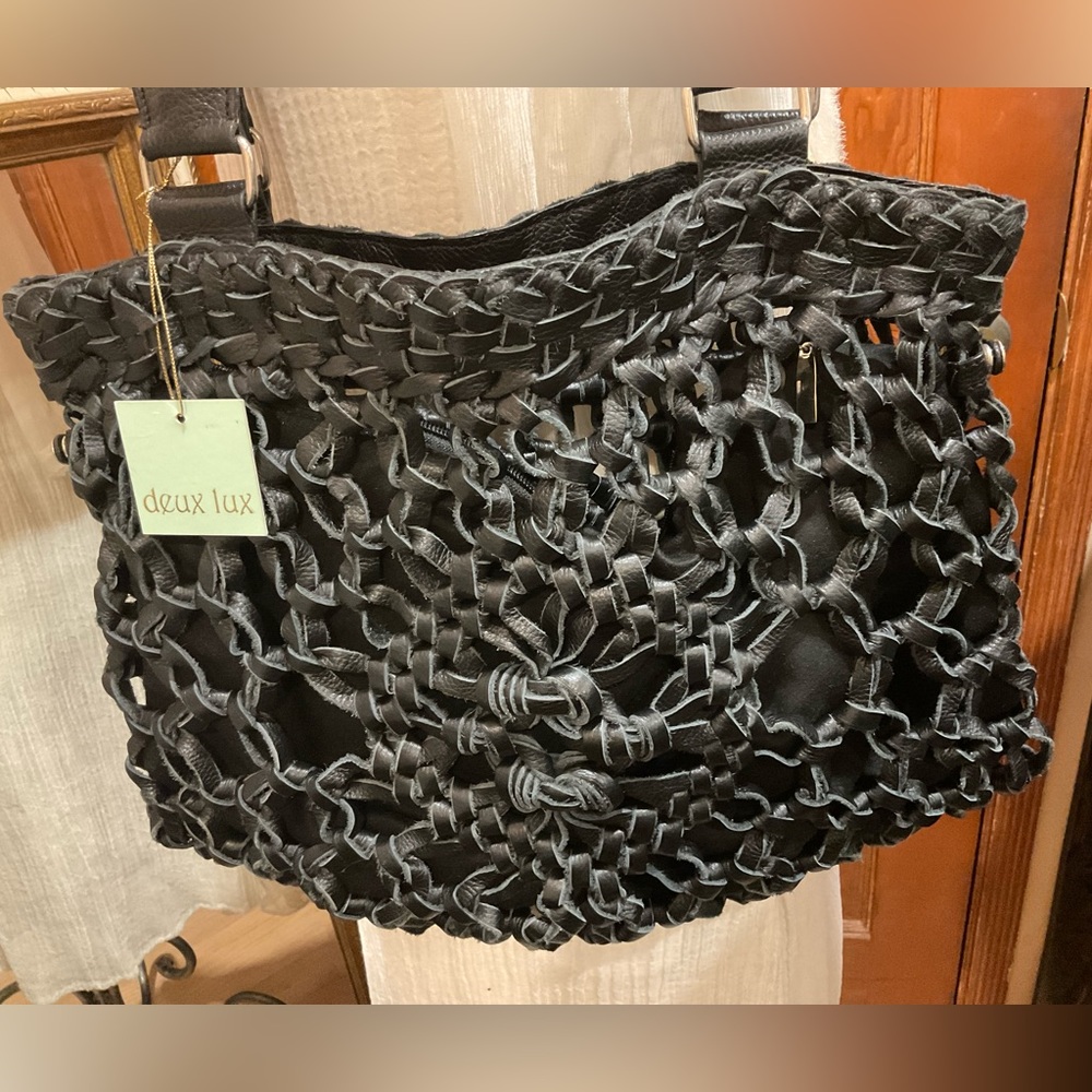 Deux Lux Black Knitted Ginuwine Leather Hobo Shoulder Bag Large NWT